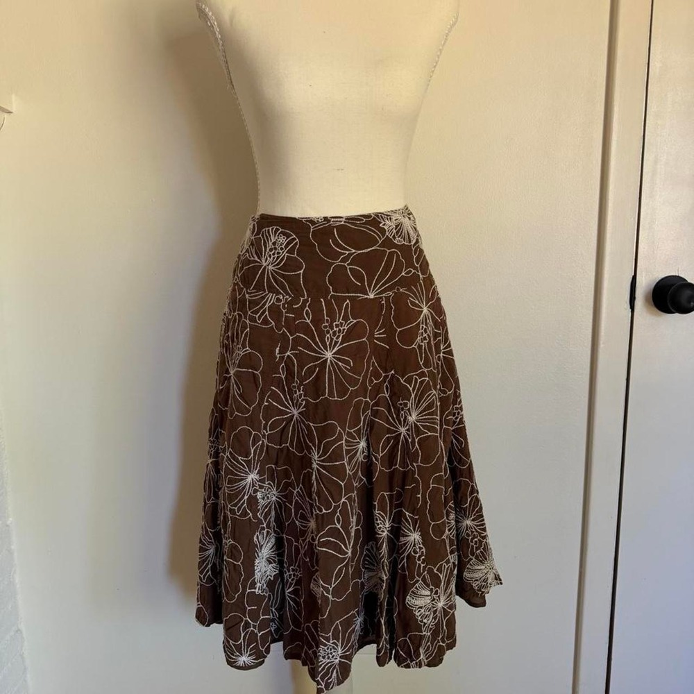 Autograph New York preppy brown cotton midi skirt with white floral print